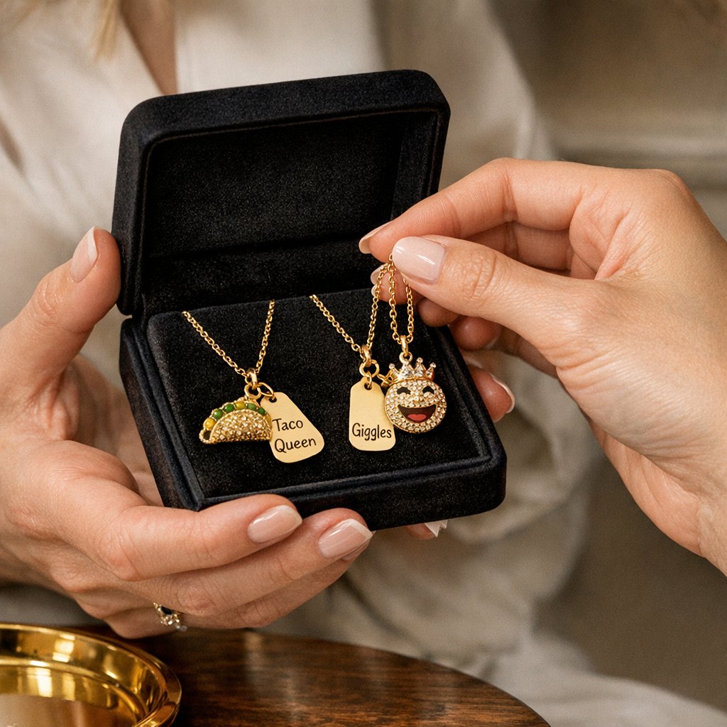 Two women smiling and holding complementary gold bar necklaces engraved with funny nicknames, showcasing personalized BFF jewelry from Robinson's Jewelers.