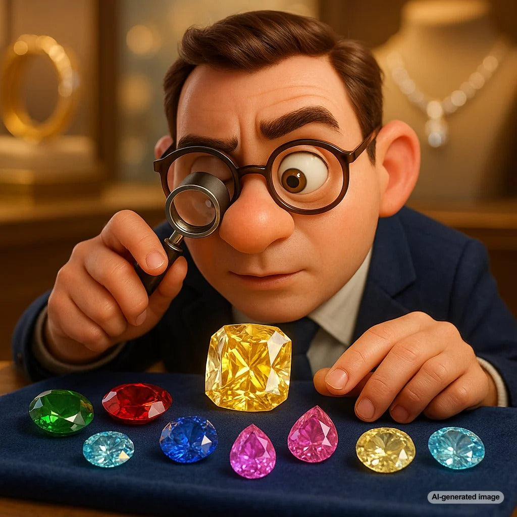 A dazzling array of colored gemstone rings and loose stones showcasing unique characteristics beyond the traditional 4 Cs
