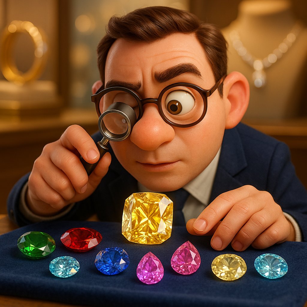 A dazzling array of colored gemstone rings and loose stones showcasing unique characteristics beyond the traditional 4 Cs