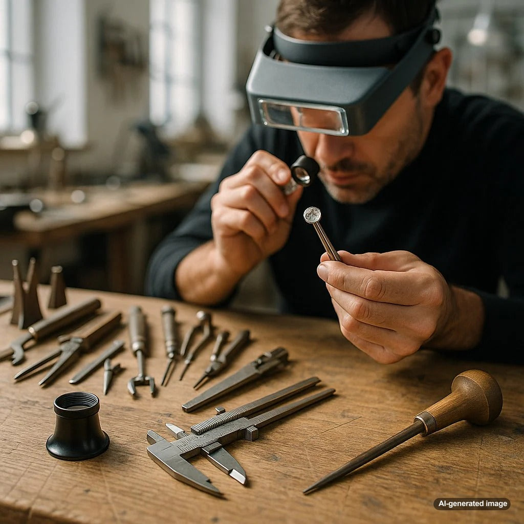 Close-up of a master jeweler's workbench with specialized tools including pliers, saws, and setting instruments
