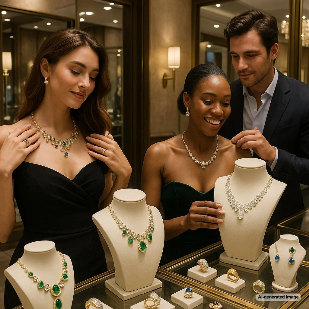 A stunning assortment of colorful gemstone rings and bracelets from Robinson's Jewelers, featuring sapphires, rubies, emeralds, and tanzanite
