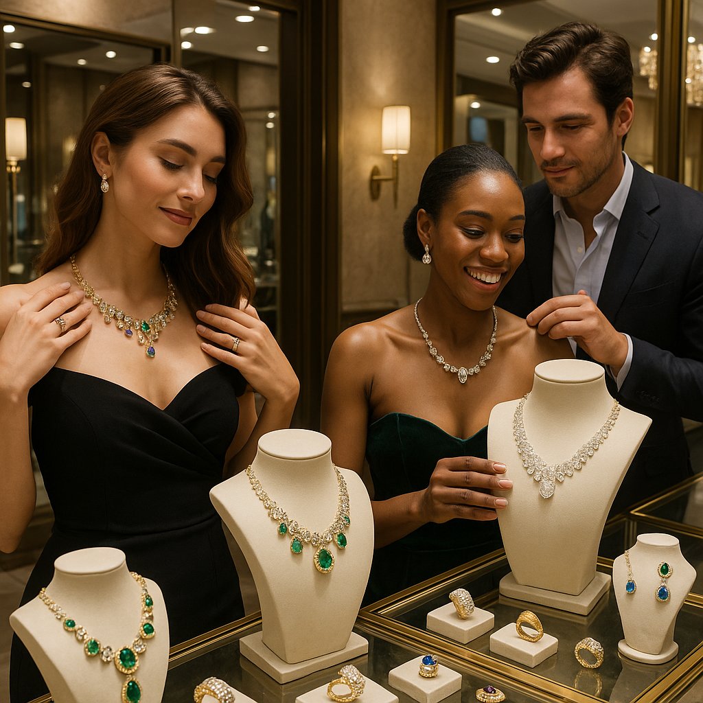 A stunning assortment of colorful gemstone rings and bracelets from Robinson's Jewelers, featuring sapphires, rubies, emeralds, and tanzanite