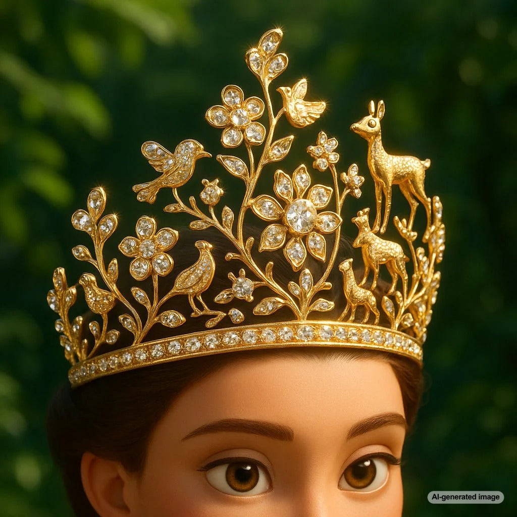 A detailed close-up of an ornate diamond and emerald tiara featuring floral and leaf motifs, resting on a velvet display stand.