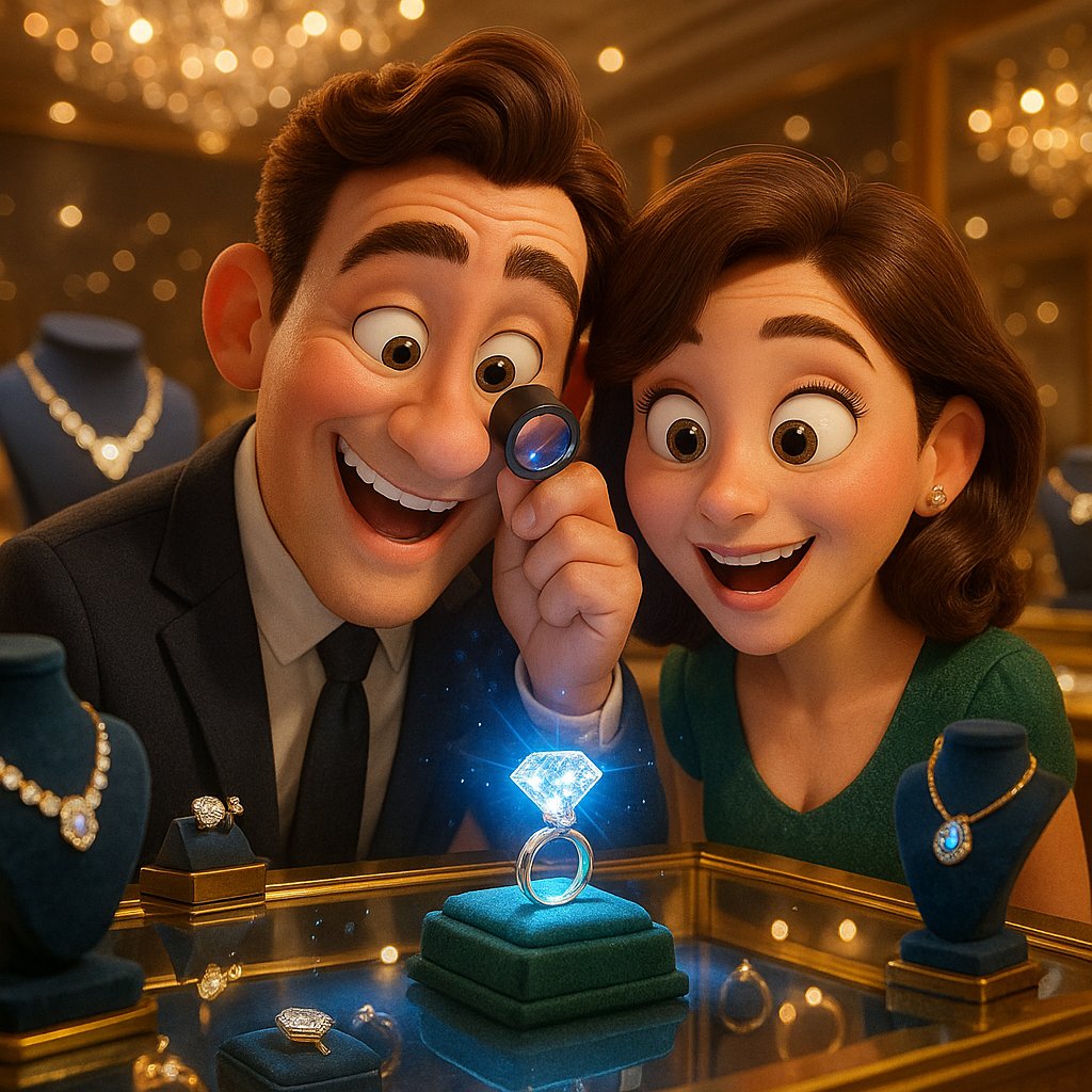 Diamond glowing with blue fluorescence under UV light next to non-fluorescent diamonds