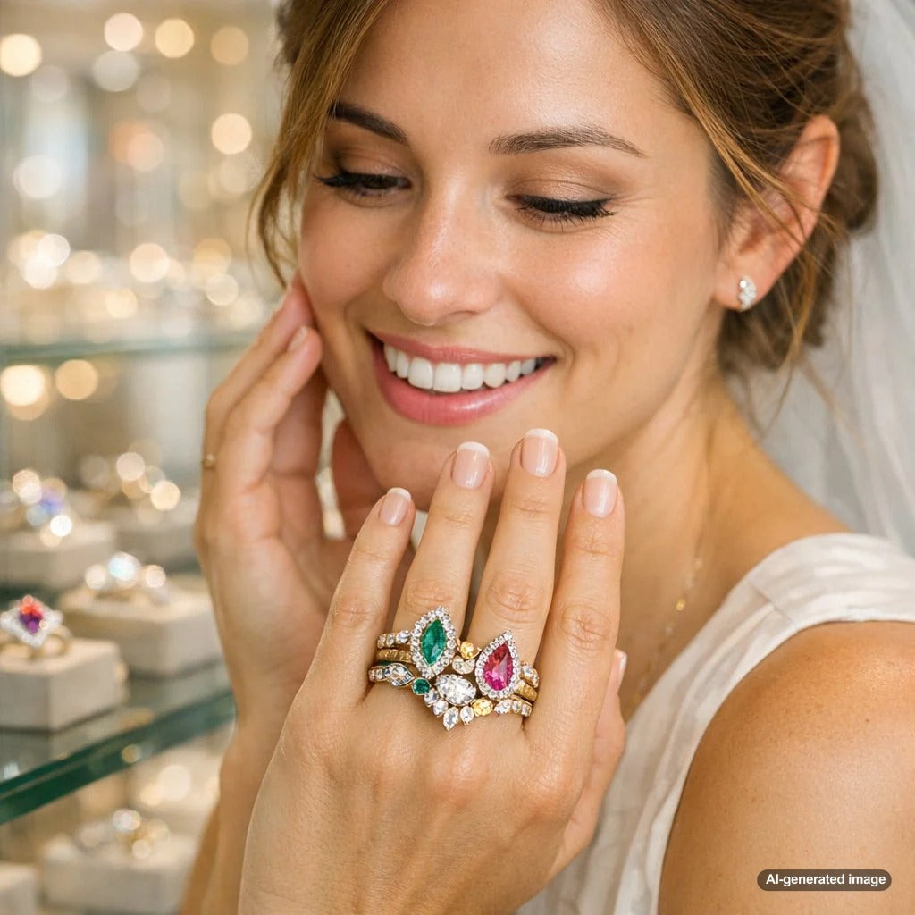 A collection of unique engagement rings on display, featuring a Toi et Moi ring with a diamond and sapphire, and a vintage-inspired ring with intricate details, showcasing non-traditional bridal styles at Robinson's Jewelers.
