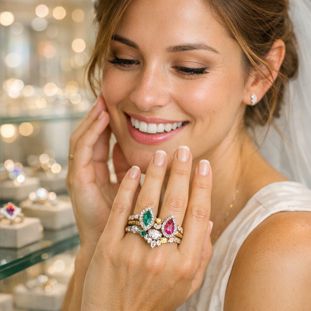 A collection of unique engagement rings on display, featuring a Toi et Moi ring with a diamond and sapphire, and a vintage-inspired ring with intricate details, showcasing non-traditional bridal styles at Robinson's Jewelers.