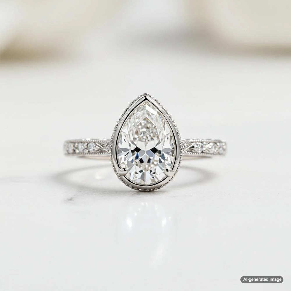Elegant bezel set pear engagement ring with a sleek metal rim surrounding a stunning pear-shaped diamond