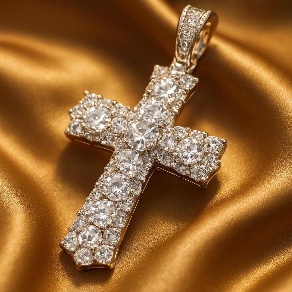Stunning large diamond cross pendant sparkling against black background