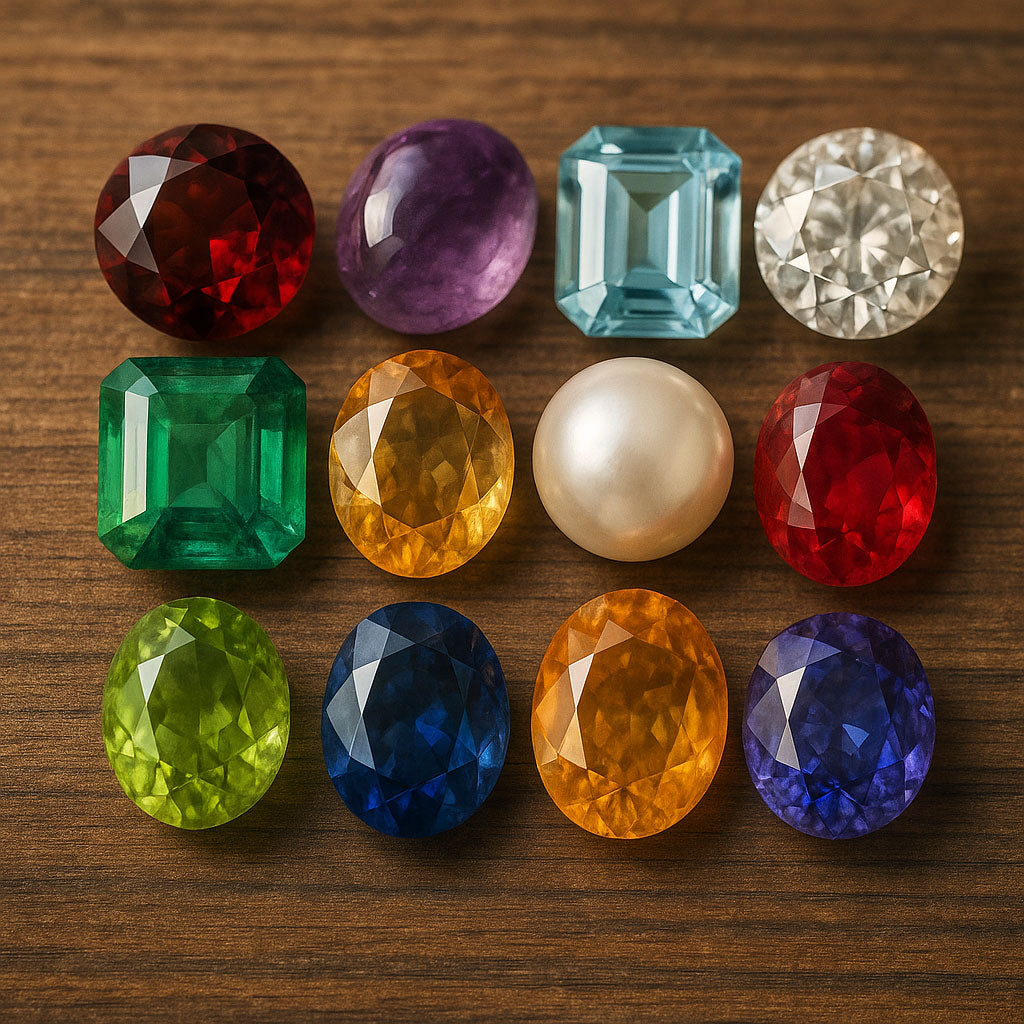 Colorful array of birthstone jewelry including rings, necklaces, and earrings for every month