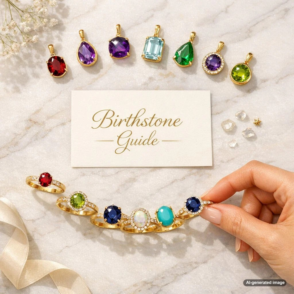 A colorful array of loose gemstones representing different birthstones, including deep red ruby, green emerald, blue sapphire, and sparkling diamonds, laid out on a dark surface.