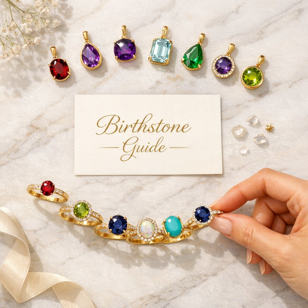 A colorful array of loose gemstones representing different birthstones, including deep red ruby, green emerald, blue sapphire, and sparkling diamonds, laid out on a dark surface.