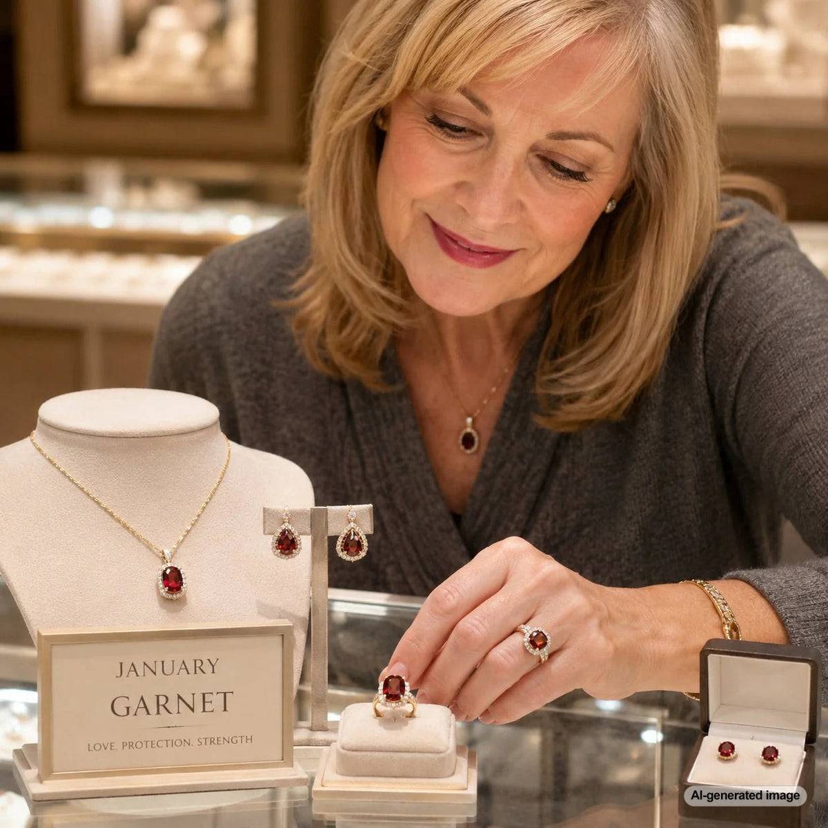 Close up view of a deep red garnet gemstone showcasing its brilliant facets and rich pomegranate color against a dark background for Robinson's Jewelers birthstone blog.