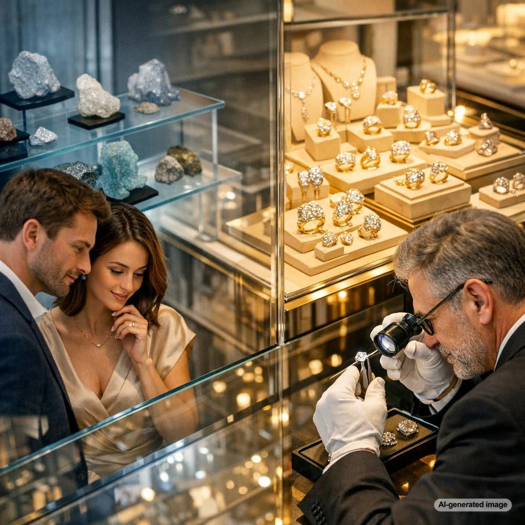 A stunning, ethically sourced diamond engagement ring and a pair of diamond stud earrings on a soft blue background, symbolizing the clarity and beauty of conflict-free diamonds.
