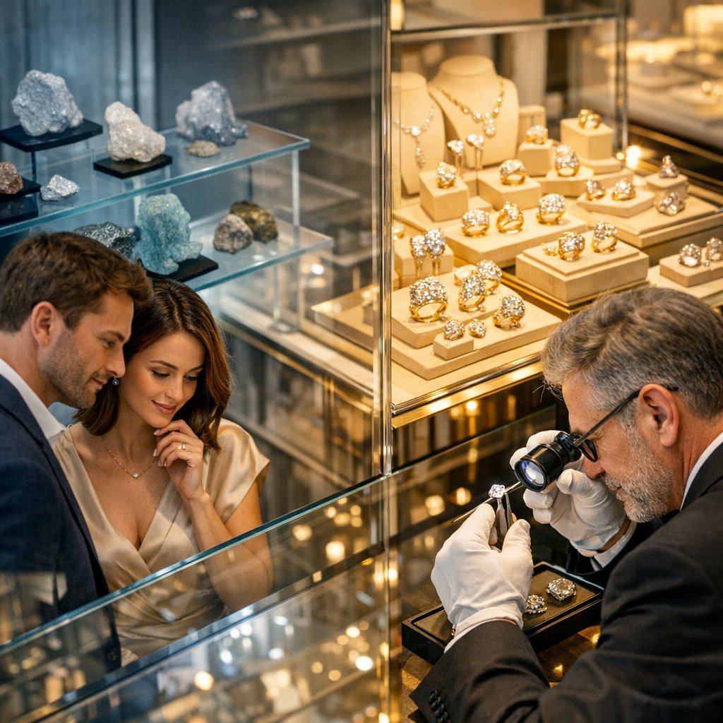 A stunning, ethically sourced diamond engagement ring and a pair of diamond stud earrings on a soft blue background, symbolizing the clarity and beauty of conflict-free diamonds.