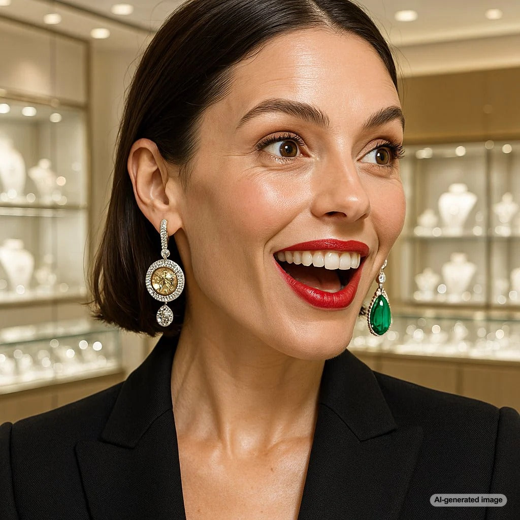 Woman confidently wearing intentionally mismatched earrings showcasing different styles and gemstones