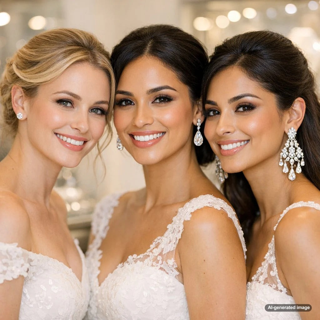 A beautiful assortment of bridal earrings including diamond studs, pearl drops, and crystal chandeliers elegantly arranged on a satin cloth.