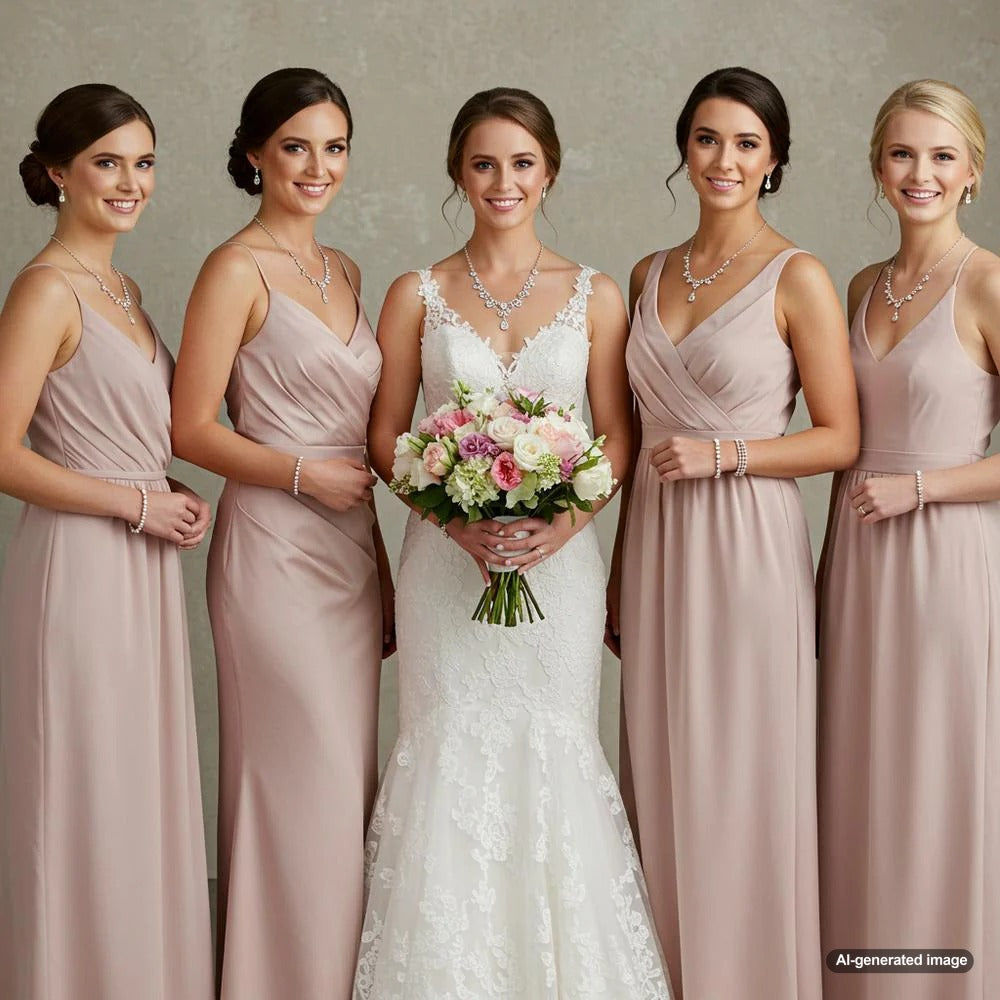 Elegant bridesmaid jewelry featuring pearl necklaces, bracelets, and earrings