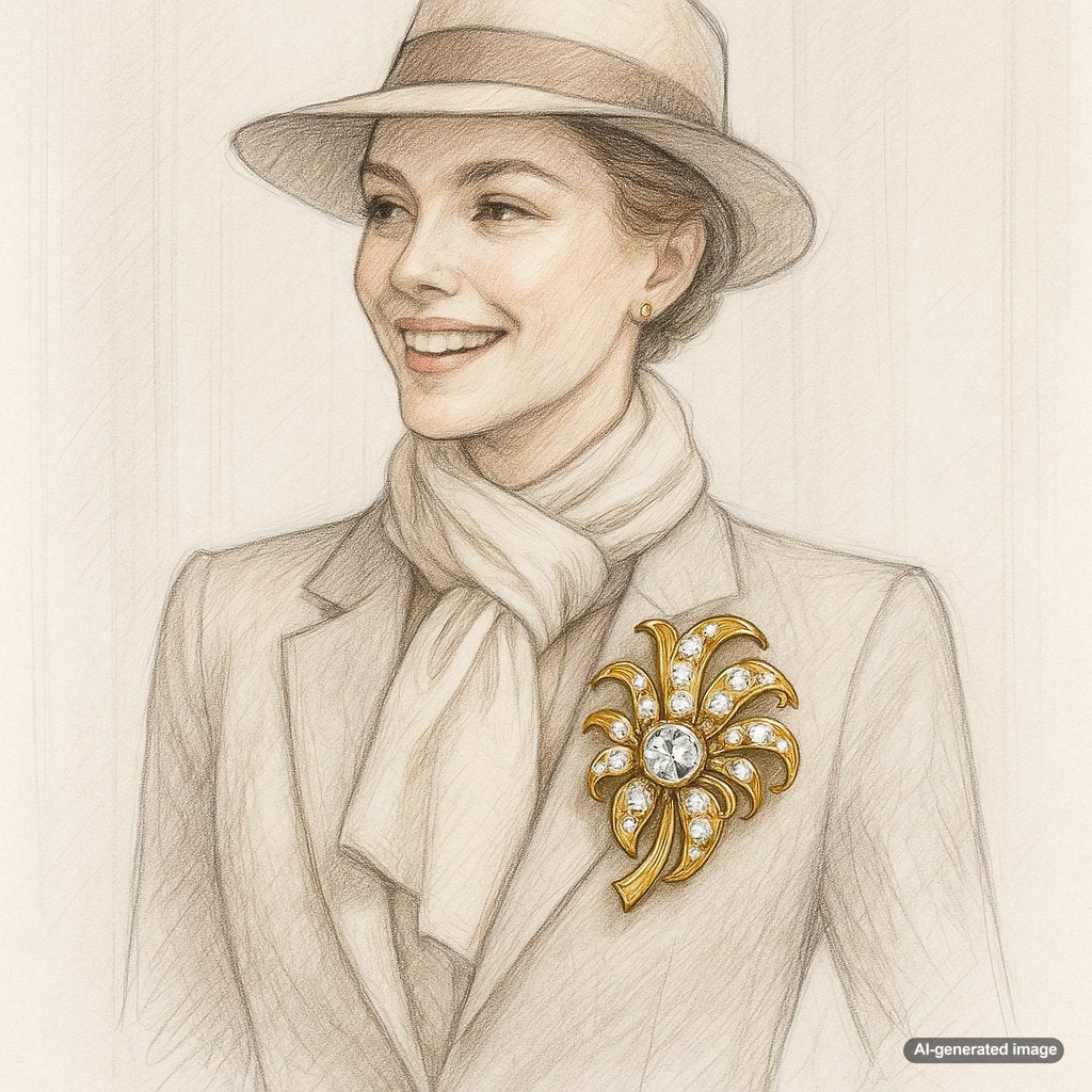 A modern woman creatively wearing a stunning vintage diamond and sapphire brooch as a pendant on a long chain