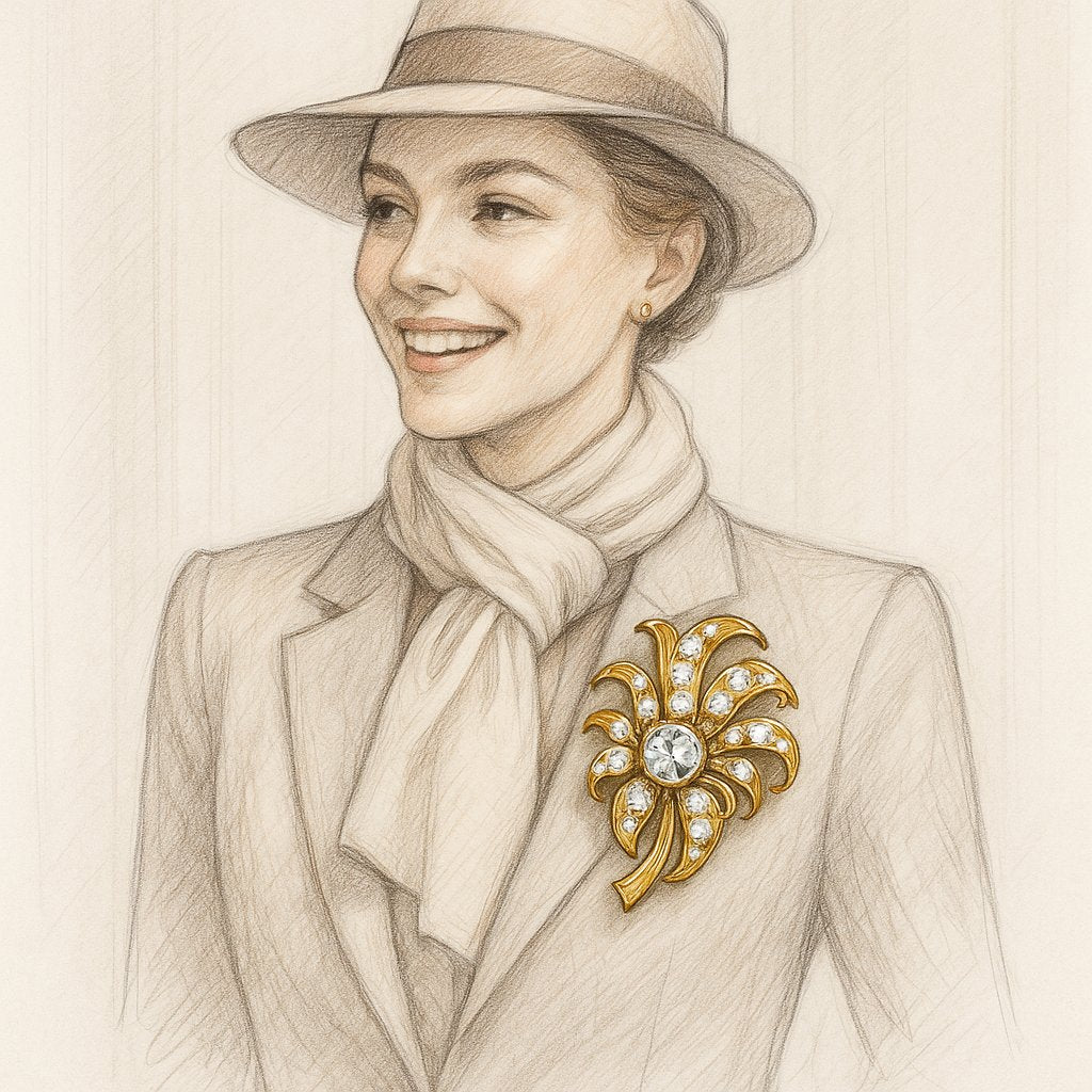 A modern woman creatively wearing a stunning vintage diamond and sapphire brooch as a pendant on a long chain