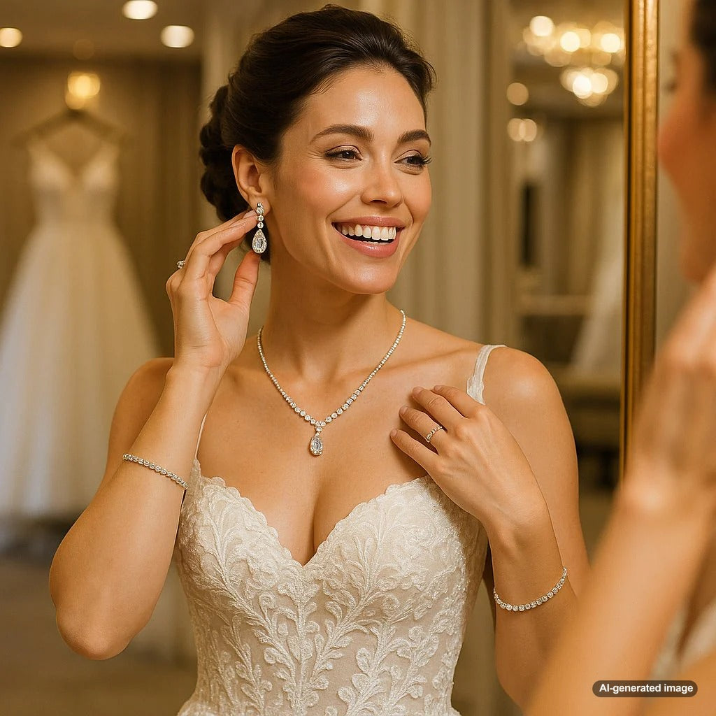 Elegant coordinated bridal jewelry set featuring diamond earrings, necklace, and bracelet on a silk backdrop