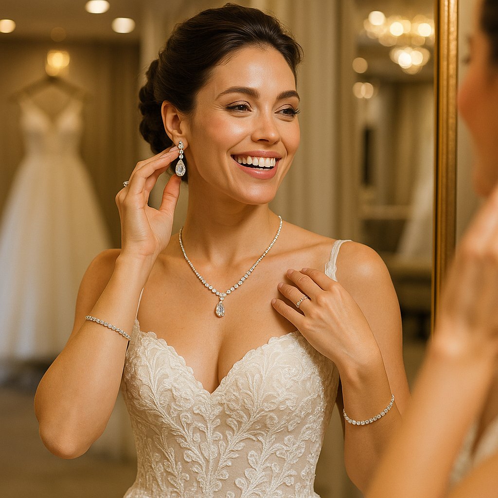 Elegant coordinated bridal jewelry set featuring diamond earrings, necklace, and bracelet on a silk backdrop
