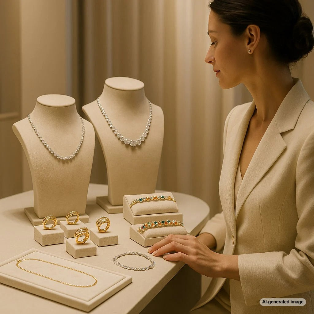 A curated collection of essential fine jewelry pieces including diamond studs, a pearl necklace, and a tennis bracelet displayed on a velvet surface