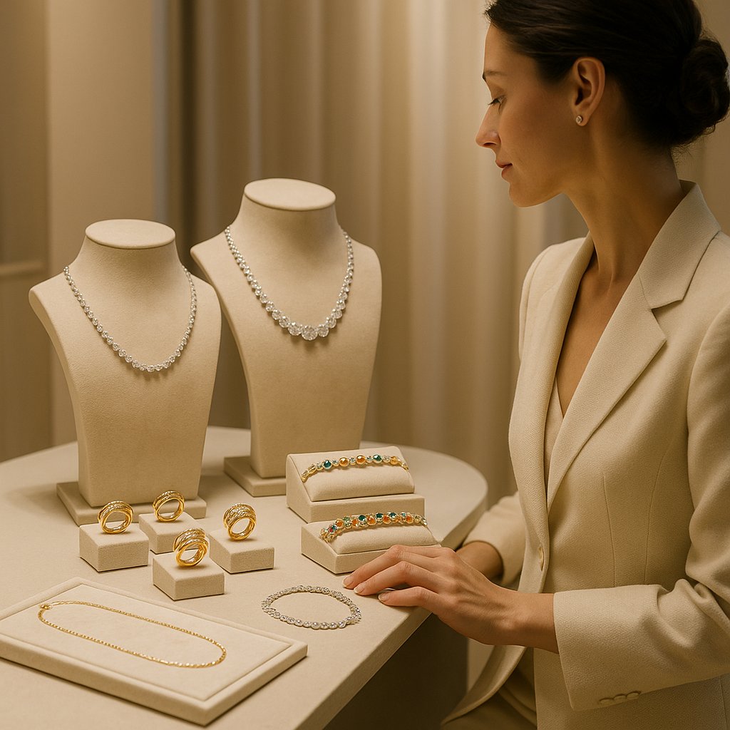 A curated collection of essential fine jewelry pieces including diamond studs, a pearl necklace, and a tennis bracelet displayed on a velvet surface