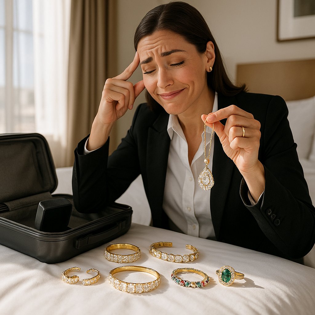 A curated selection of elegant diamond and gold jewelry laid out on a travel case, featuring stud earrings, a tennis bracelet, layered necklaces, and a cocktail ring.