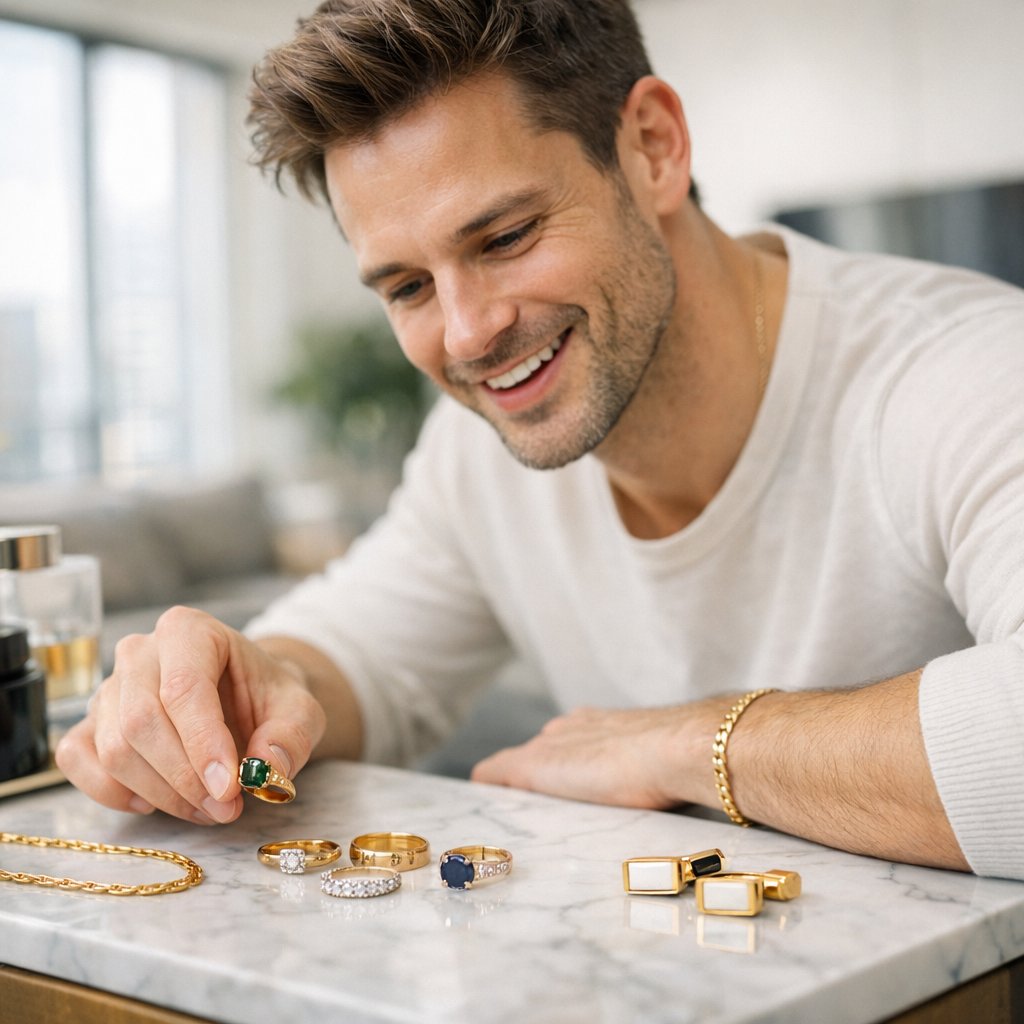 A curated selection of men's minimalist jewelry including a luxury watch, a signet ring, and a leather bracelet on a dark background.