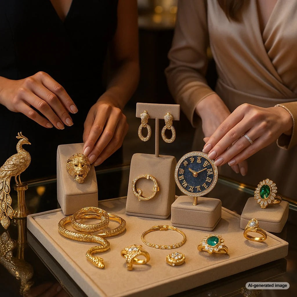A curated selection of fine jewelry featuring animal motifs and astrological symbols, including rings, pendants, and bracelets from Robinson's Jewelers collections.