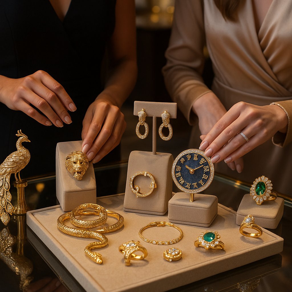 A curated selection of fine jewelry featuring animal motifs and astrological symbols, including rings, pendants, and bracelets from Robinson's Jewelers collections.