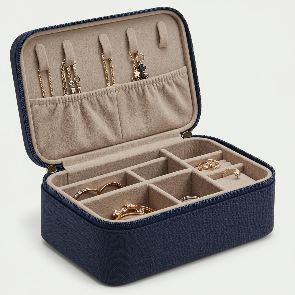 A high-quality jewelry travel case from Robinson's Jewelers, showcasing its elegant design and secure compartments.