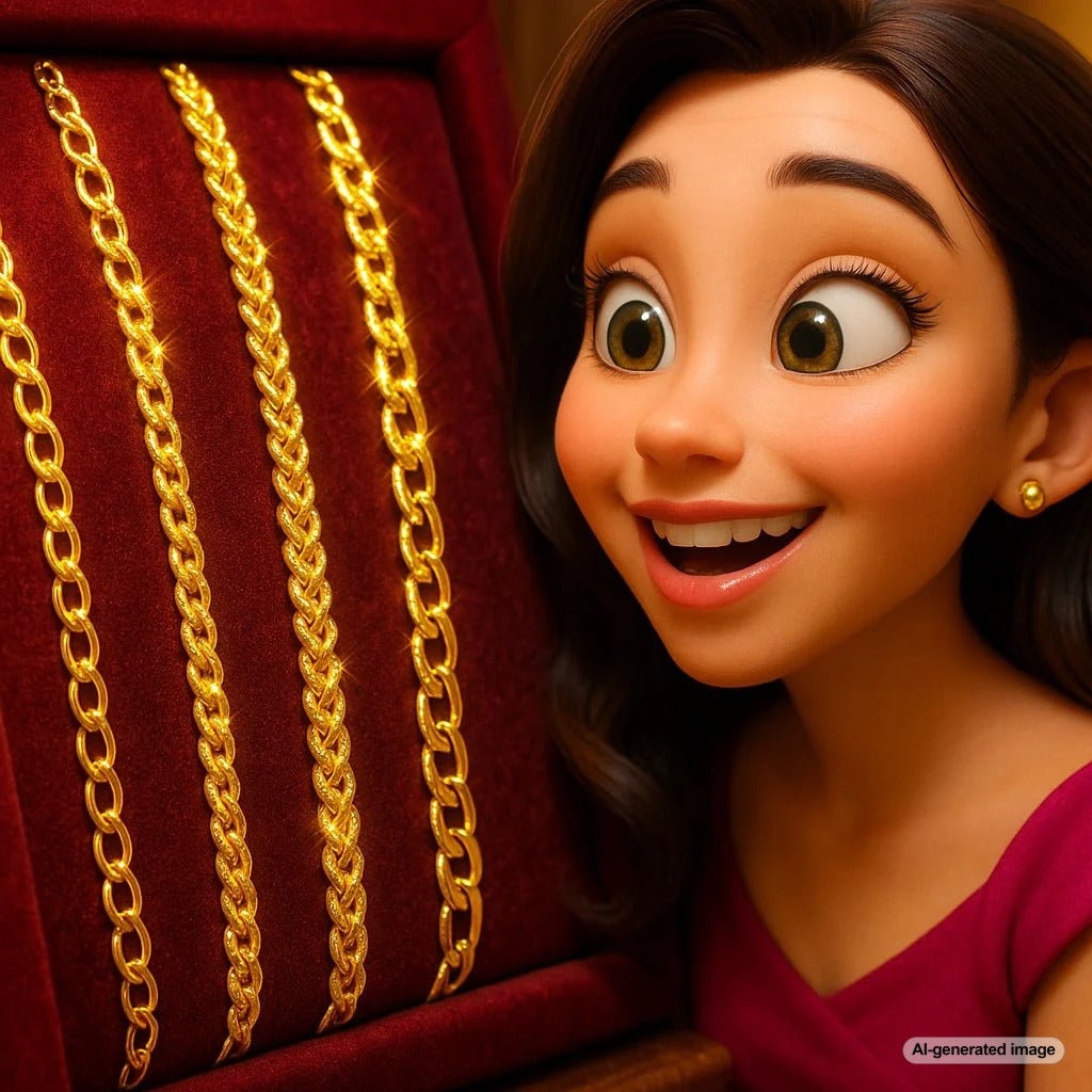 A beautiful comparison of cable, rope, and figaro gold chains laid out side by side