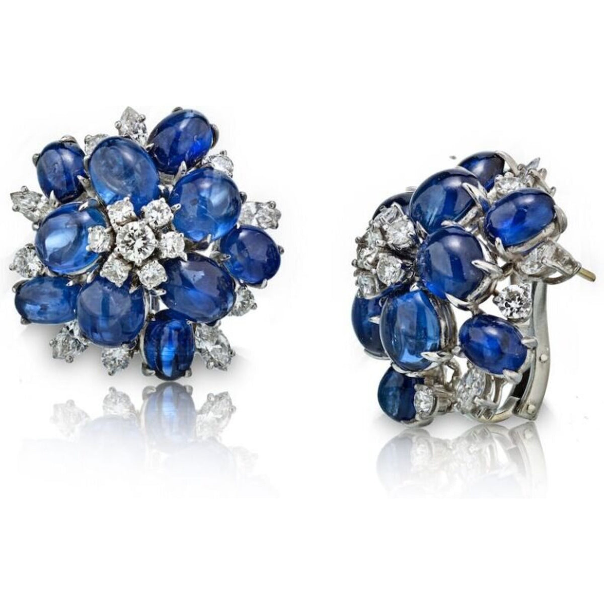 Cabochon Blue Sapphire and Diamond Earrings