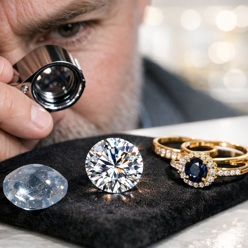 Close-up macro photograph of a brilliant cut diamond ring, highlighting its facets and surface under light, symbolizing durability and care