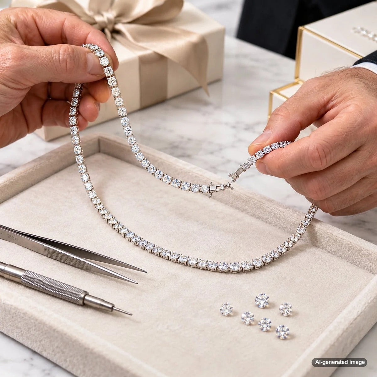 Diamond tennis necklace displayed for professional shortening and reuse of extra diamonds