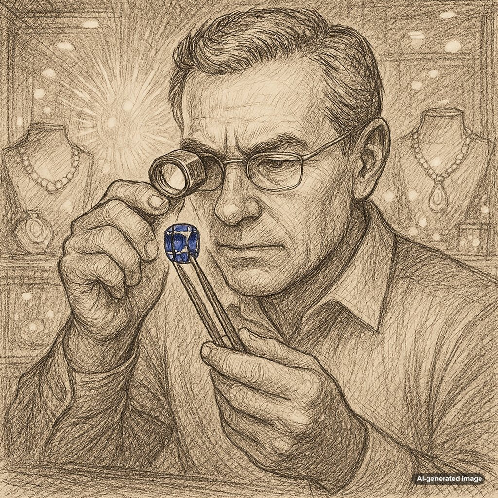 Close-up comparison of a natural sapphire and a lab-created sapphire under a jeweler's loupe