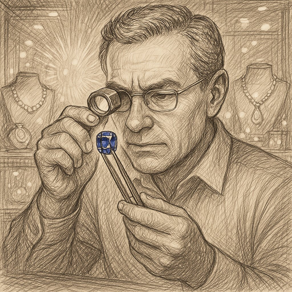 Close-up comparison of a natural sapphire and a lab-created sapphire under a jeweler's loupe