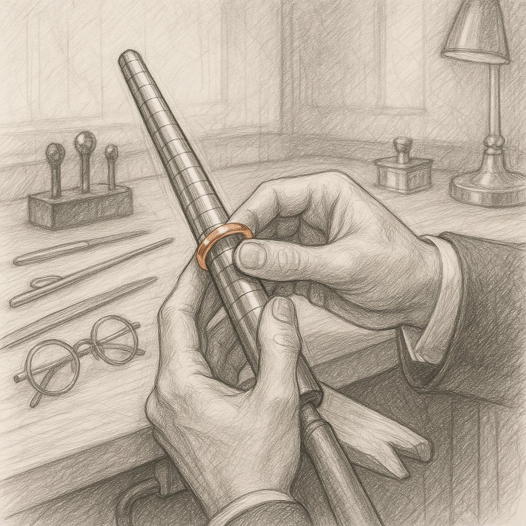 Close-up of a rose gold engagement ring being professionally resized by a jeweler's tools, showing the warm pink hue maintained perfectly.