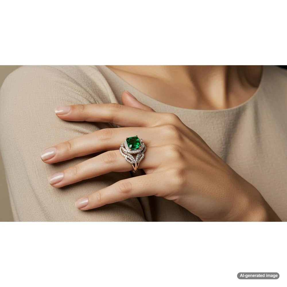 A single woman's hand adorned with a beautiful ring on the left ring finger.