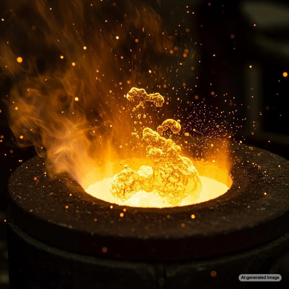 Close-up of molten gold transforming under extreme heat, showcasing its mesmerizing properties.