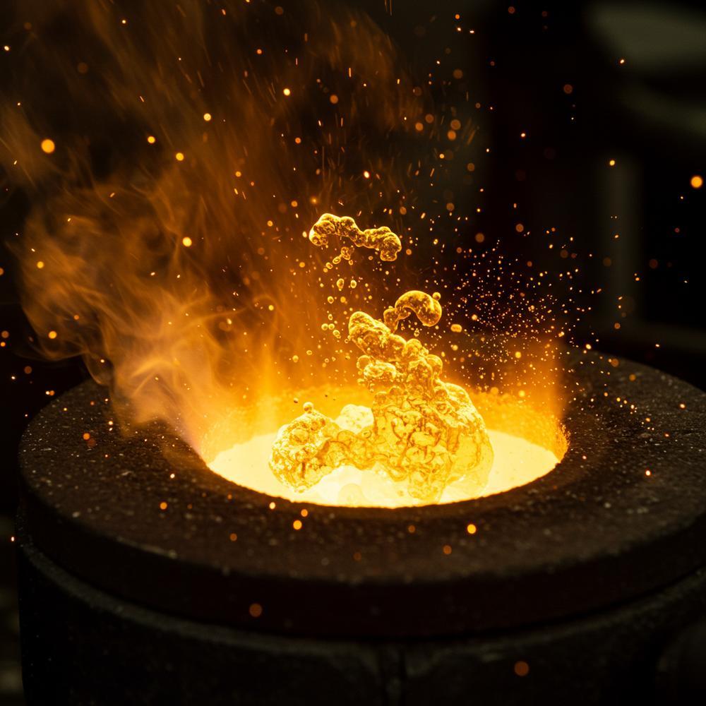 Close-up of molten gold transforming under extreme heat, showcasing its mesmerizing properties.