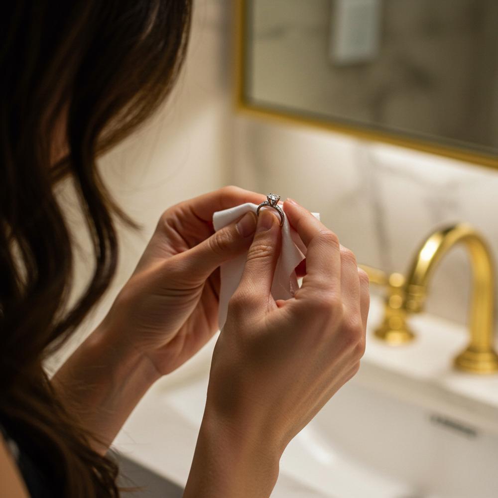 A diamond ring being gently cleaned with a soft cloth.