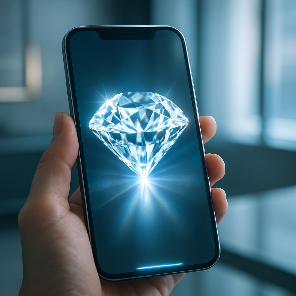 Woman testing diamond authenticity with smartphone flashlight