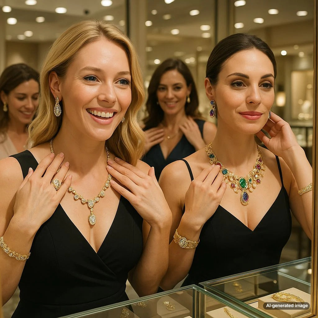 Woman confidently wearing diamond jewelry with radiant smile