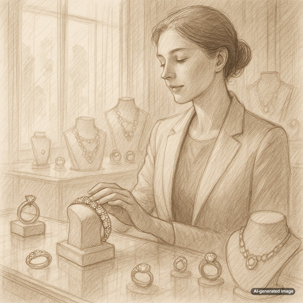 Close-up of calming jewelry pieces including gemstone bracelets and meditation pendants