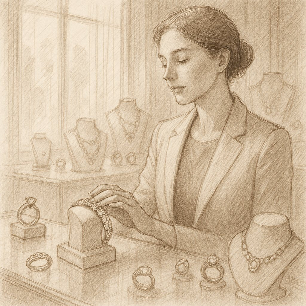 Close-up of calming jewelry pieces including gemstone bracelets and meditation pendants