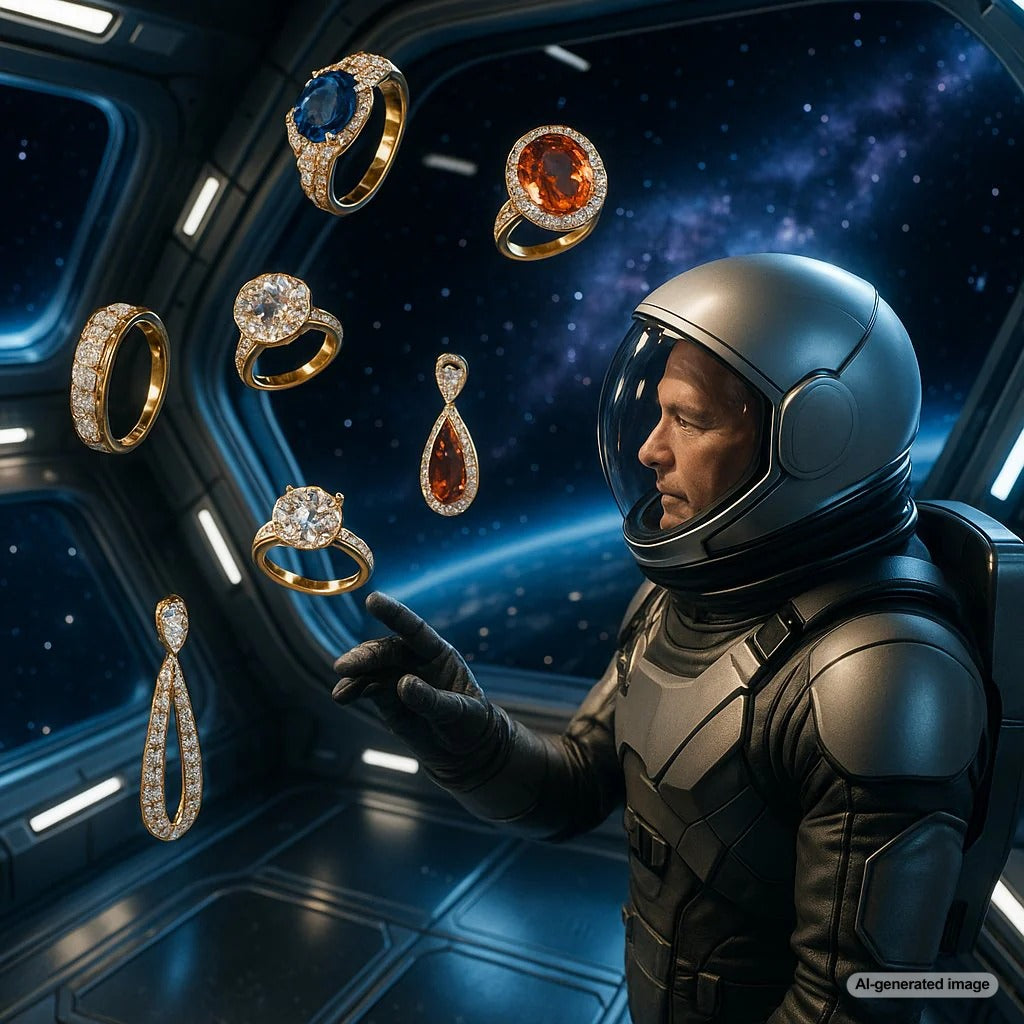 Diamond ring floating in zero gravity with Earth visible in the background