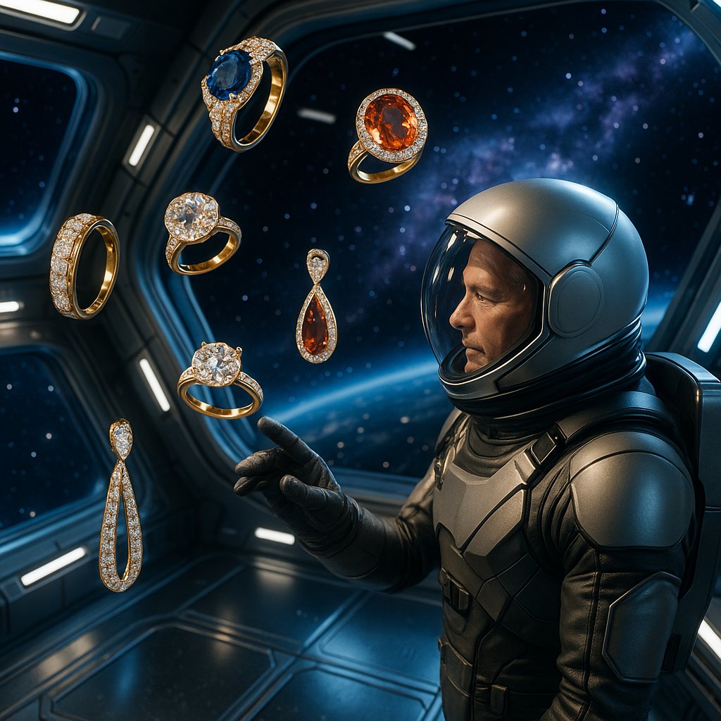 Diamond ring floating in zero gravity with Earth visible in the background