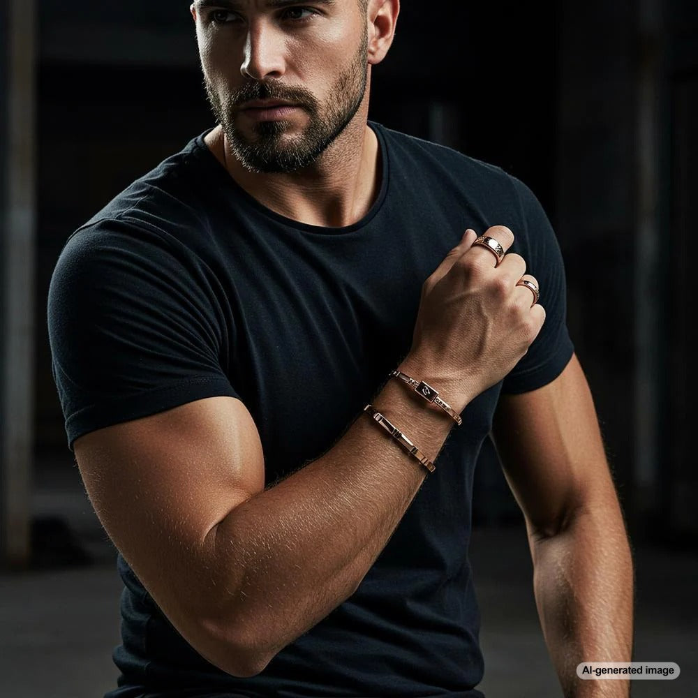 A stylish display of rose gold jewelry for men